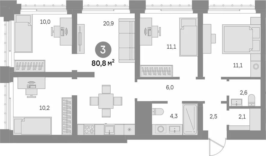 Планировка: 4-комнатная квартира 80,8 м² в ЖК «Квартал Издание»