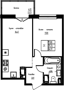 Планировка: Евродвушка 35,2 м² в ЖК «Кронунг-Янино»