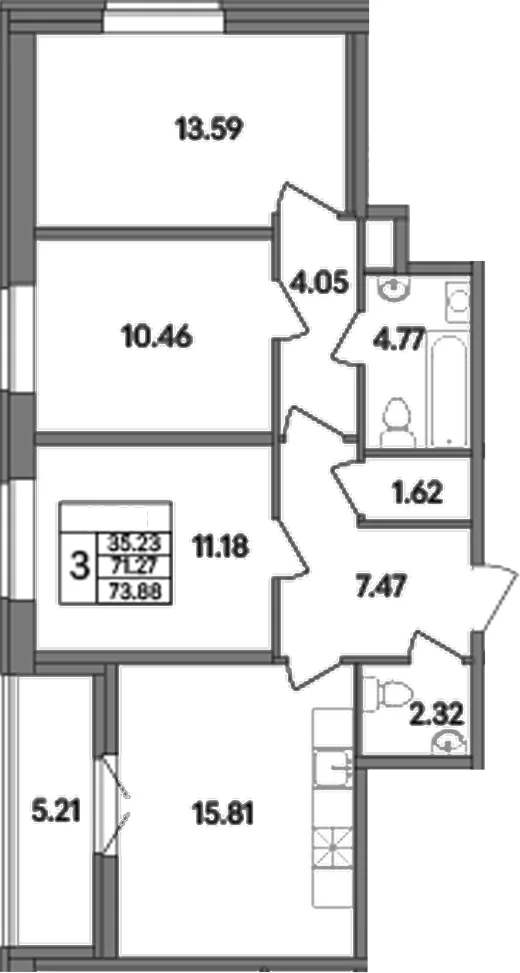 Планировка: Квартира евро-4 71,3 м² в ЖК «Рождественский квартал»