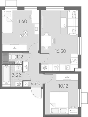 Планировка: Евротрёшка 47,2 м² в ЖК «Морская миля»