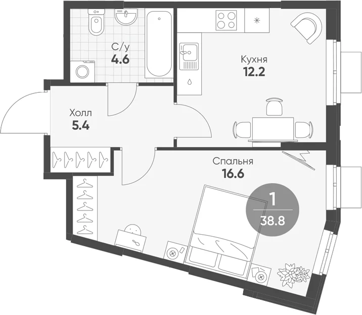 Планировка: 1-комнатная квартира 38,8 м² в ЖК «Ягодное Река Парк»