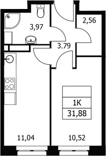 Планировка: 1-комнатная квартира 31,9 м² в ЖК «Волковская 67»