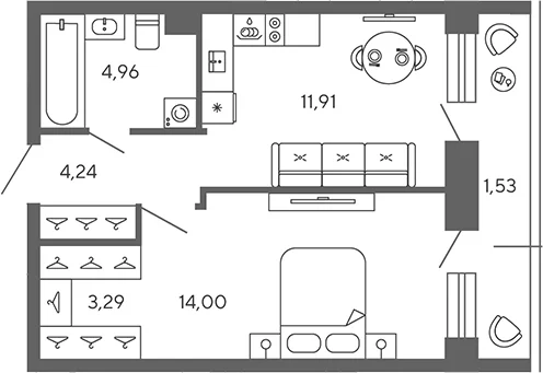 Планировка: 1-комнатная квартира 38,4 м² в ЖК «Экоквартал Гармония»