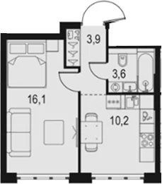 Планировка: 1-комнатная квартира 33,8 м² в ЖК «Левел Южнопортовая»