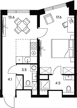 Планировка: 1-комнатная квартира 43,3 м² в ЖК «НЕКСУС от Аквилон»