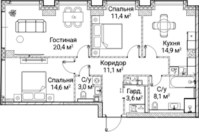 Планировка: 3-комнатная квартира 87,1 м² в ЖК «СЕЗАР БУДУЩЕЕ»