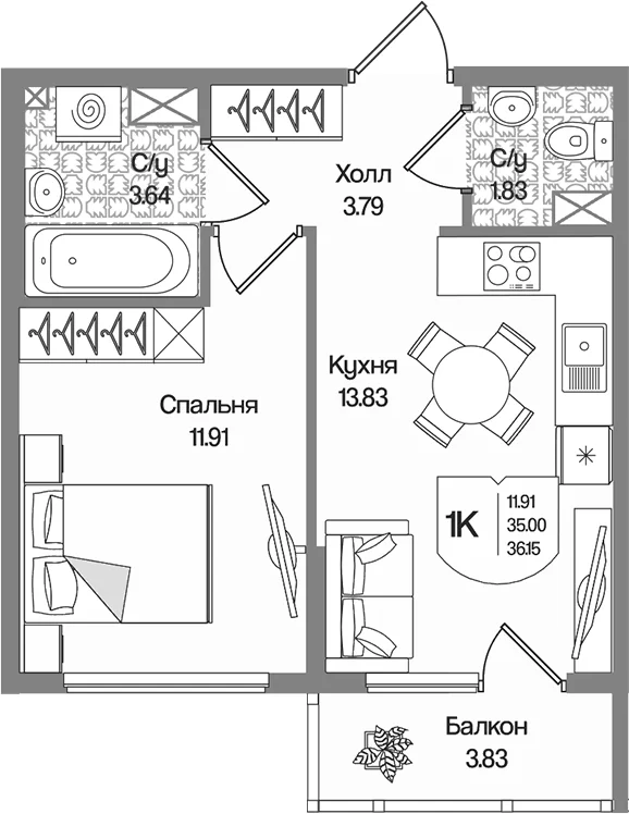 Планировка: 1-комнатная квартира 35 м² в ЖК «Охтинские высоты»