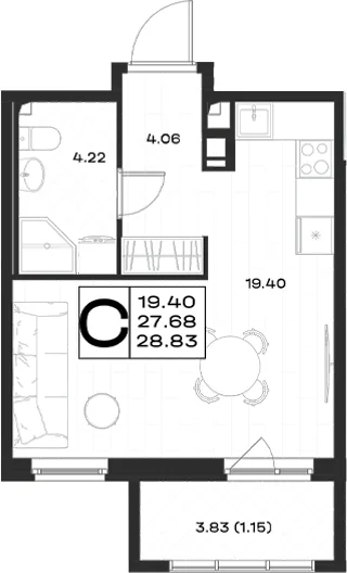 Планировка: Студия 27,7 м² в ЖК «Имена»