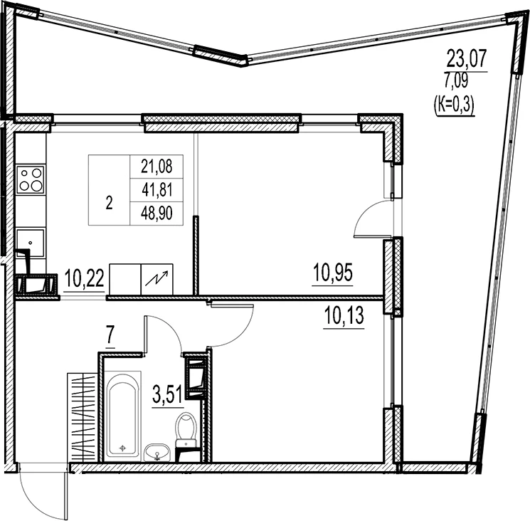 Планировка: 2-комнатная квартира 41,8 м² в ЖК «Город-спутник Южный»