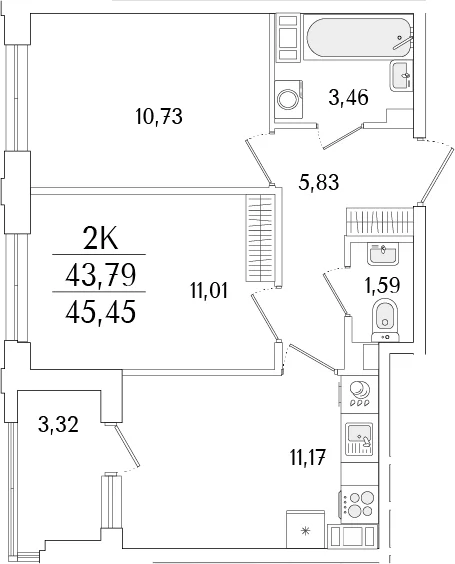 Планировка: 2-комнатная квартира 43,8 м² в ЖК «Гранат»