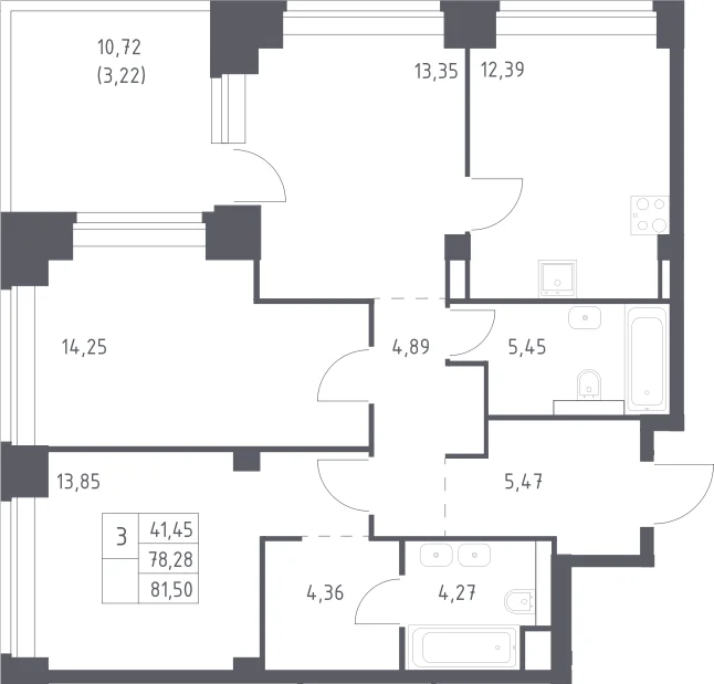 Планировка: 3-комнатная квартира 78,3 м² в ЖК «НОВА»