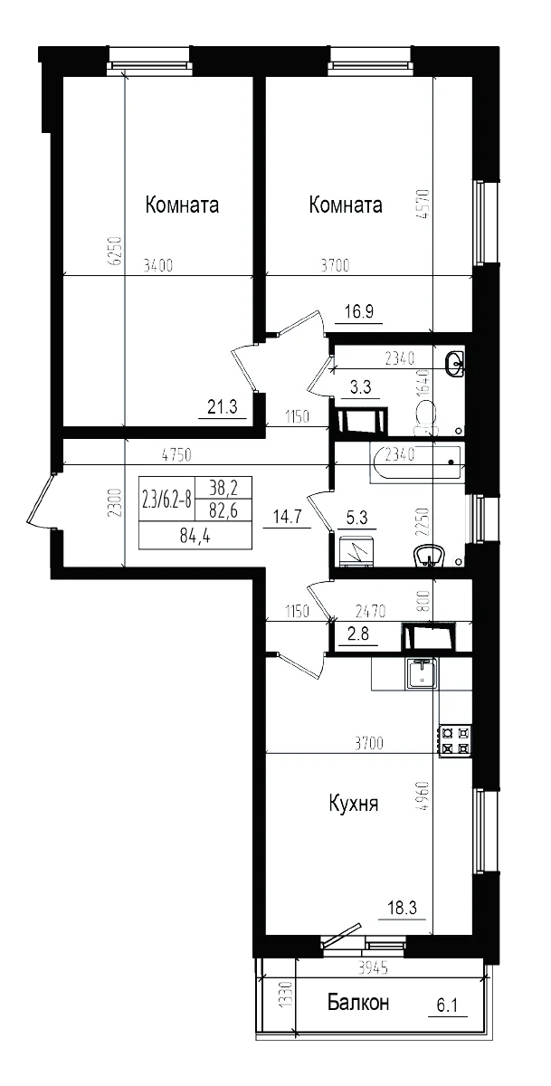 Планировка: Евротрёшка 82,6 м² в ЖК «Прагма Сити»