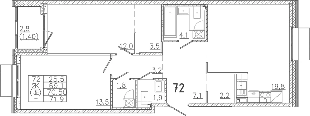Планировка: Евротрёшка 69,1 м² в ЖК «Лисино»