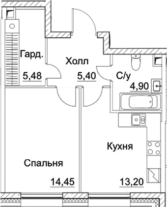 Планировка: 1-комнатная квартира 43,4 м² в ЖК «СЕЗАР СИТИ»