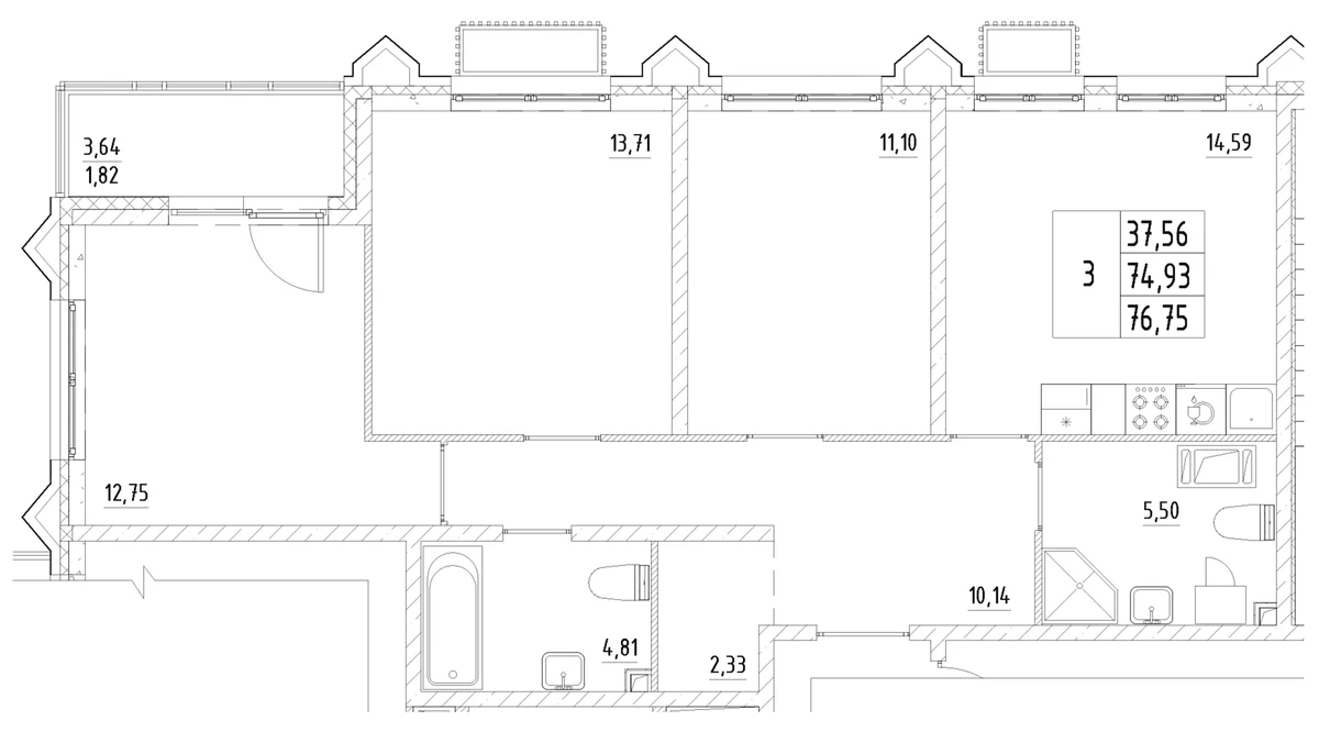 Планировка: 3-комнатная квартира 74,9 м² в ЖК «Респект»