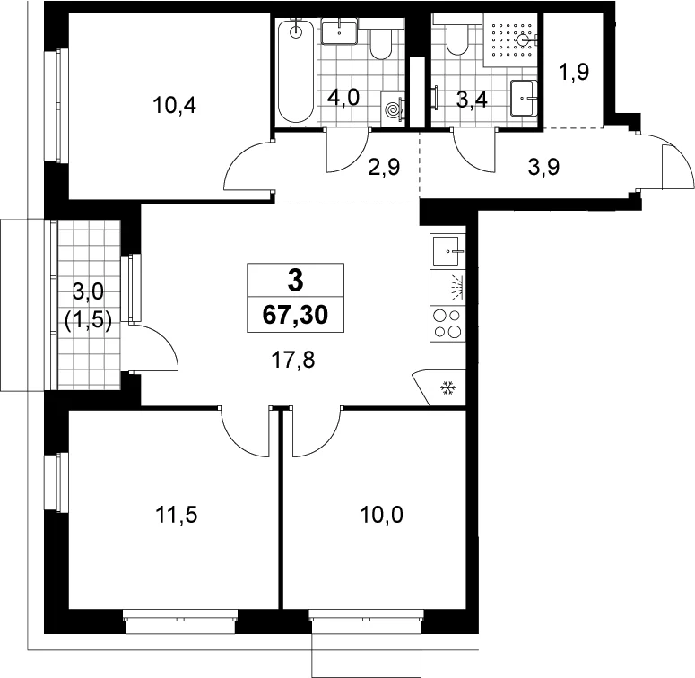 Планировка: Квартира евро-4 65,8 м² в ЖК «Деснаречье»