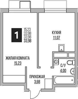 Планировка: 1-комнатная квартира 34 м² в ЖК «Гранель Притяжение Сити»