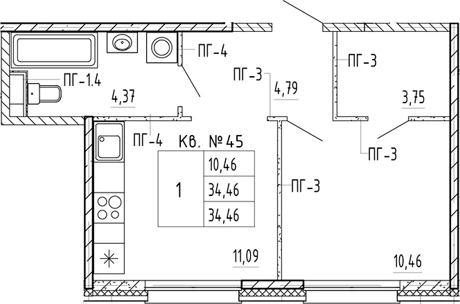 Планировка: 1-комнатная квартира 34,5 м² в ЖК «Плюс Пулковский»