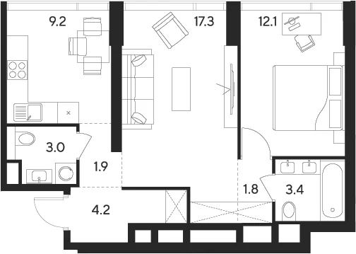 Планировка: 2-комнатная квартира 52,9 м² в ЖК «Инди Тауэрз от Аквилон»