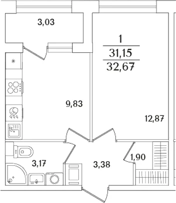 Планировка: 1-комнатная квартира 31,2 м² в ЖК «Аурум»