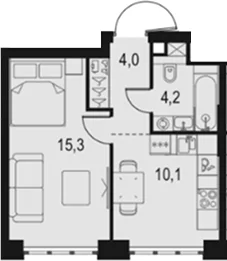 Планировка: 1-комнатная квартира 33,6 м² в ЖК «Левел Южнопортовая»
