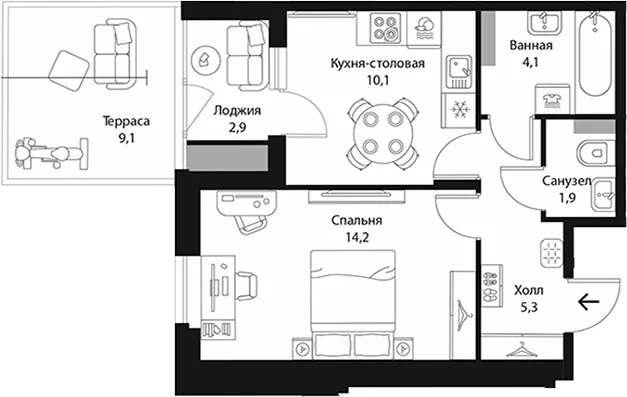 Планировка: 1-комнатная квартира 35,6 м² в ЖК «Экография»