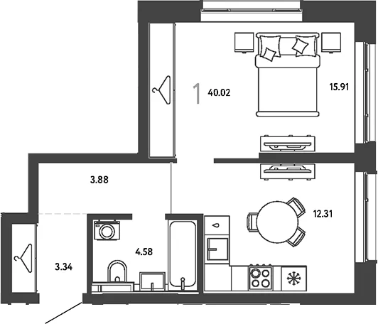 Планировка: 1-комнатная квартира 40 м² в ЖК «Страна.Парковая»