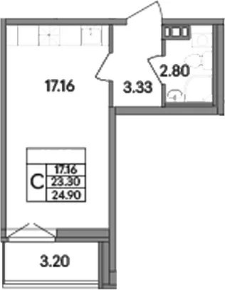 Планировка: Студия 23,3 м² в ЖК «Рождественский квартал»