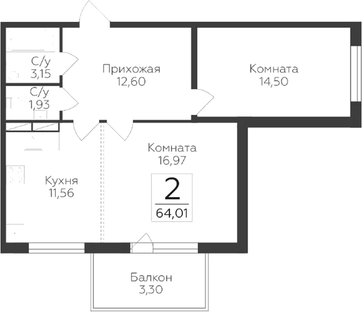 Планировка: 2-комнатная квартира 60,7 м² в ЖК «Панорама Юкки. ГК Развитие. Санкт-Петербург»