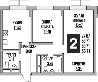 Планировка: 2-комнатная квартира 58,7 м² в ЖК «Гранель Живописный»