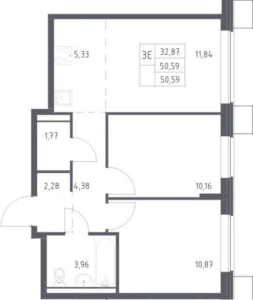 Планировка: Евротрёшка 50,6 м² в ЖК «Прибрежный Парк»