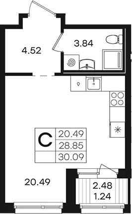 Планировка: Студия 28,9 м² в ЖК «Парголово»