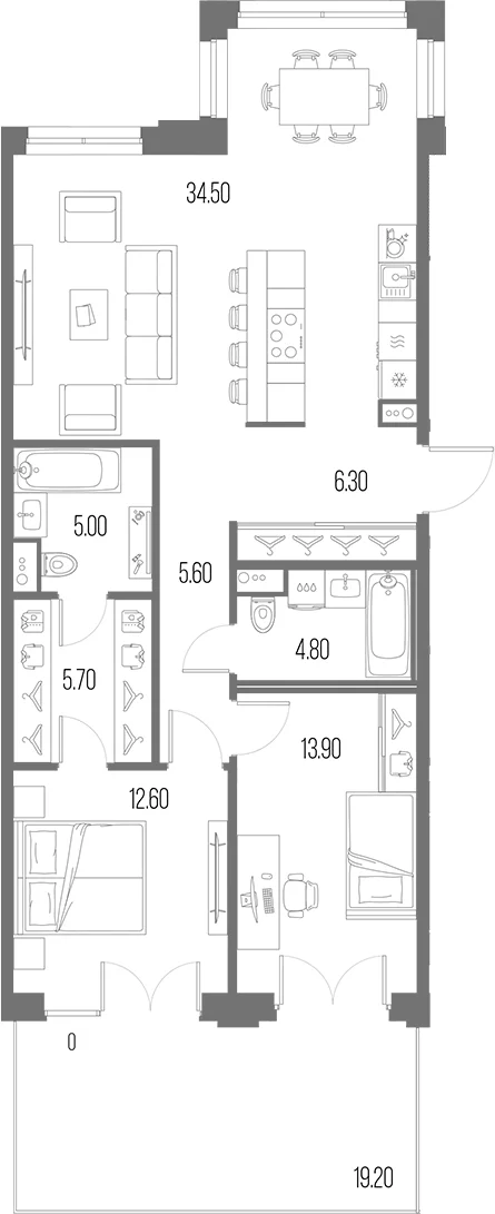 Планировка: Евротрёшка 88,4 м² в ЖК «Легенда на Охте»