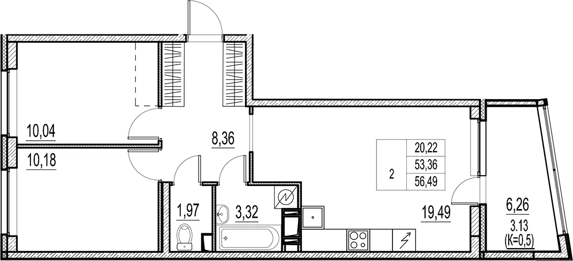 Планировка: Евротрёшка 53,4 м² в ЖК «Город-спутник Южный»
