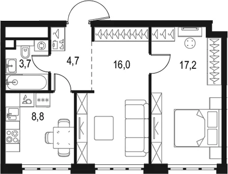 Планировка: 2-комнатная квартира 50,4 м² в ЖК «Левел Южнопортовая»