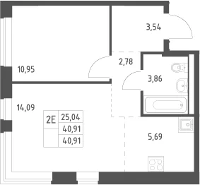 Планировка: Евродвушка 40,9 м² в ЖК «Новое Видное»