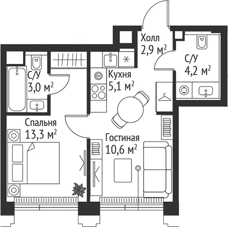 Планировка: Евродвушка 39,1 м² в ЖК «СЕТ»