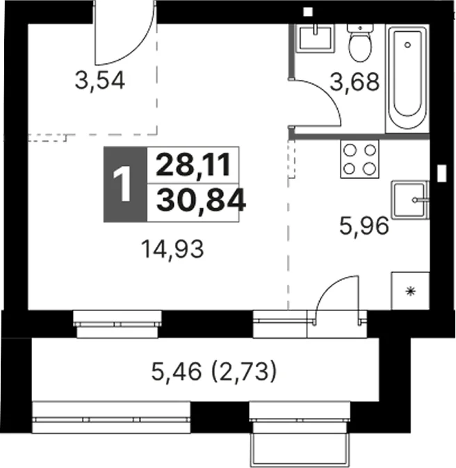 Планировка: Студия 28,1 м² в ЖК «Жаворонки Клаб»