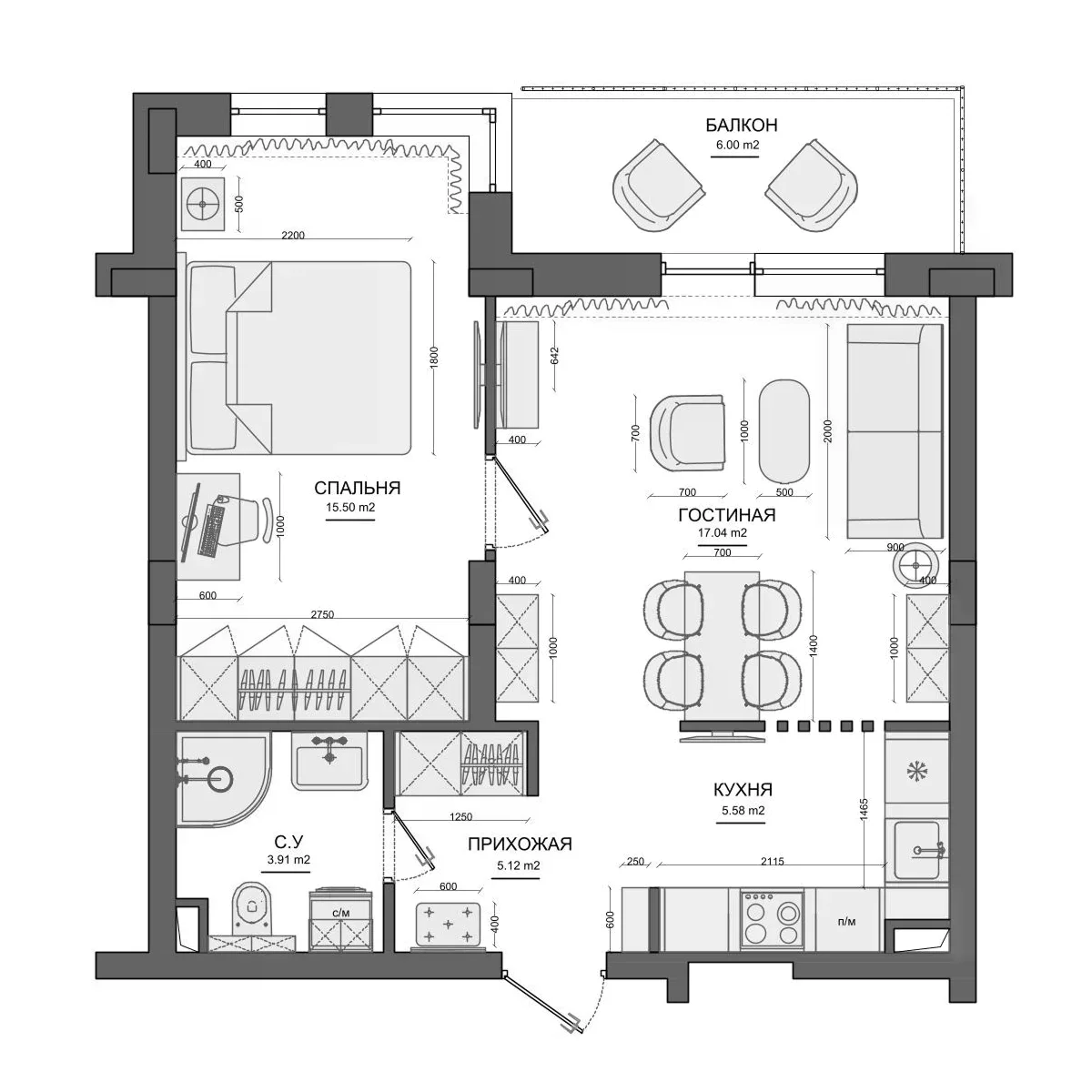 Планировка: Евродвушка 40,7 м² в ЖК «Лесной»