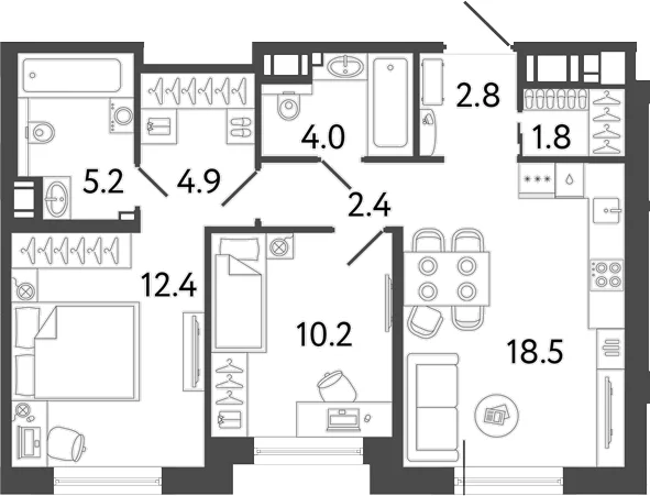Планировка: Евротрёшка 62,2 м² в ЖК «Передвижники 2»