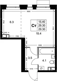 Планировка: Студия 29,3 м² в ЖК «Кореневский Форт 2.3»