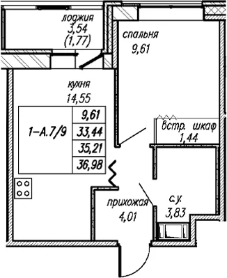 Планировка: 1-комнатная квартира 33,4 м² в ЖК «Уютный Новоселье»