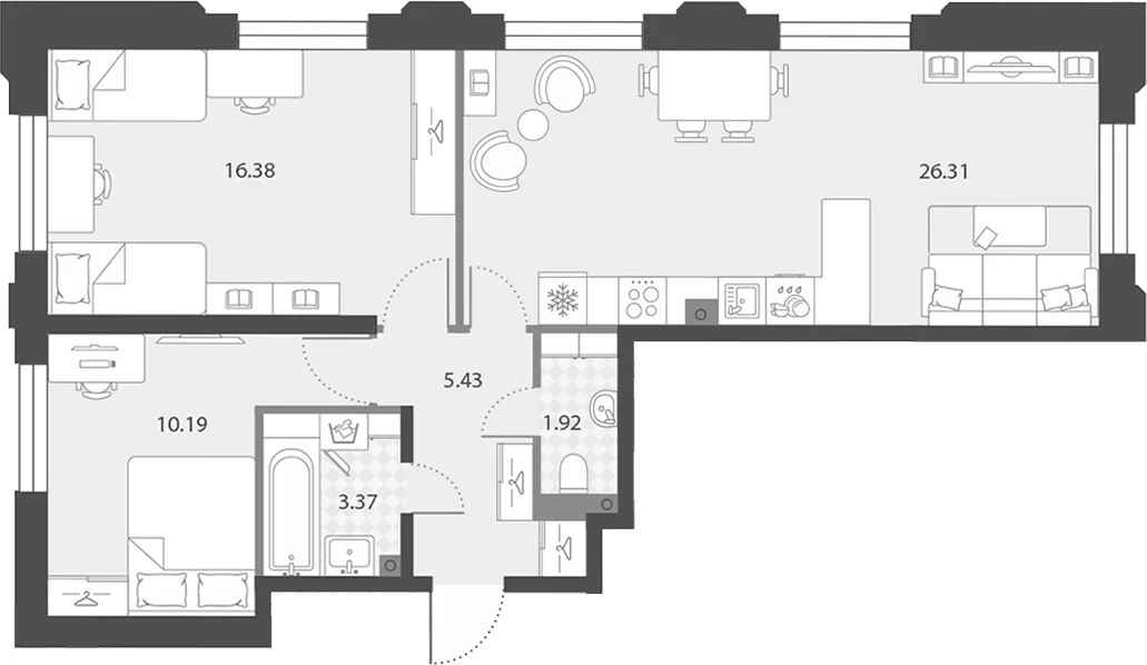 Планировка: Евротрёшка 63,6 м² в ЖК «Цивилизация на Неве»