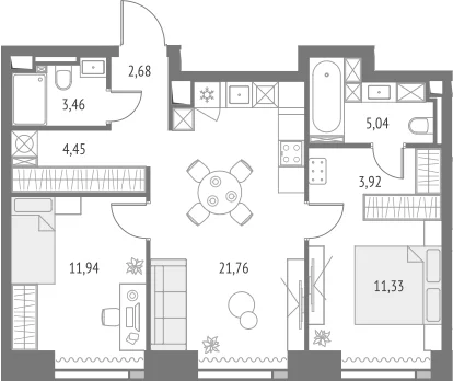 Планировка: Евротрёшка 64,6 м² в ЖК «Апсайд Тауэрс»