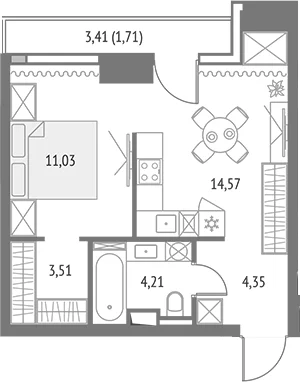 Планировка: Евродвушка 37,7 м² в ЖК «Апсайд Тауэрс»