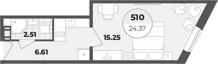 Планировка: Студия 24,4 м² в ЖК «Апарт-отель Лиговский 127»