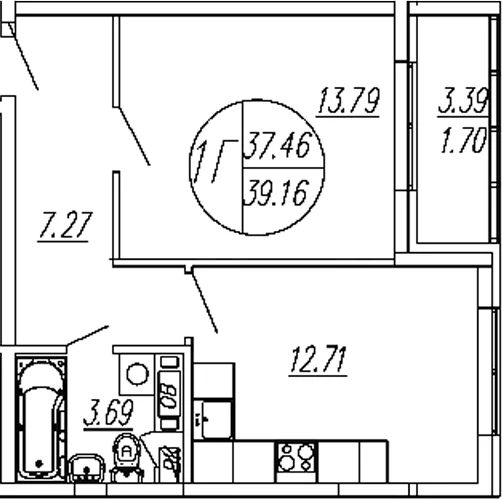 Планировка: 1-комнатная квартира 37,5 м² в ЖК «Шолохово»