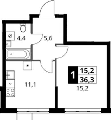 Планировка: 1-комнатная квартира 36,3 м² в ЖК «1-й Ясеневский»