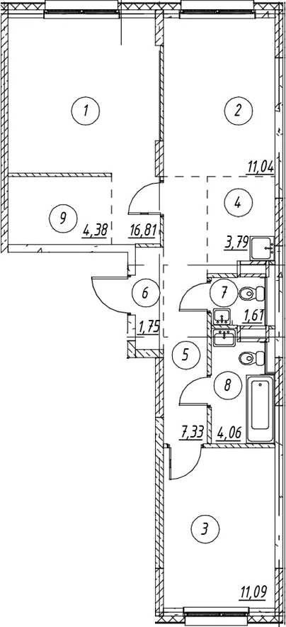 Планировка: Евротрёшка 61,9 м² в ЖК «Новые Лаврики»
