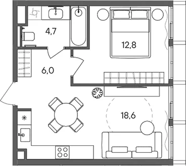 Планировка: 1-комнатная квартира 42,1 м² в ЖК «СТОУН Сокольники»